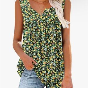 Floral Sleeveless Top - Green and Yellow